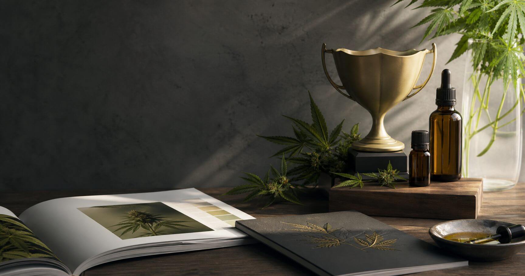 Editorial cannabis and CBD guide still life with cup-inspired objects